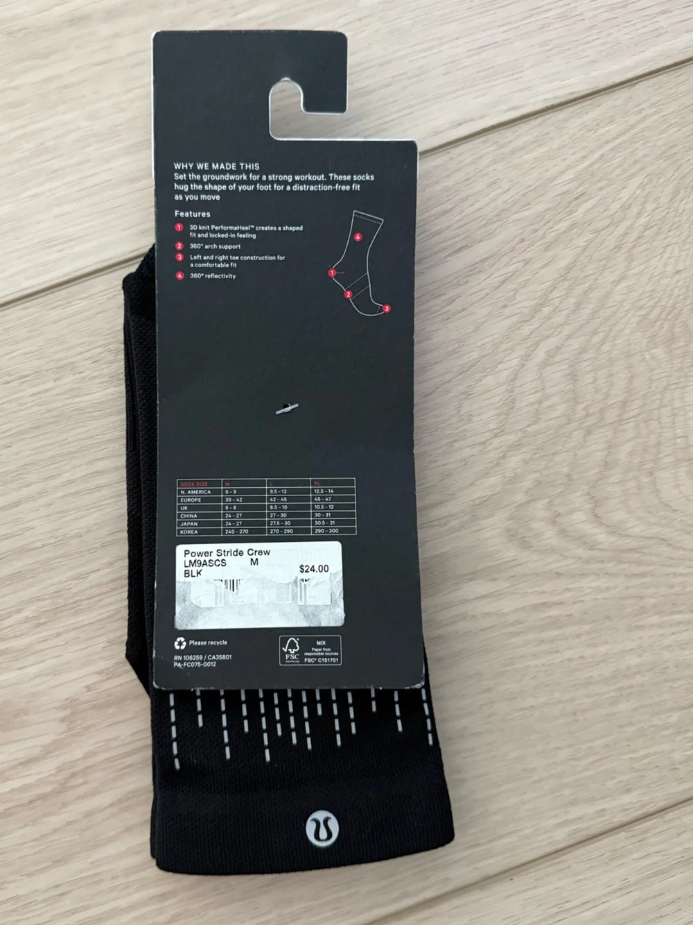 NWT Lululemon Power Stride Crew Socks Size Medium in Black